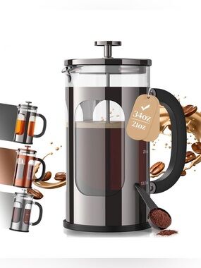 NIB Veken French Press Coffee Maker 34oz Glass Stainless Steel Brewer,Pewter